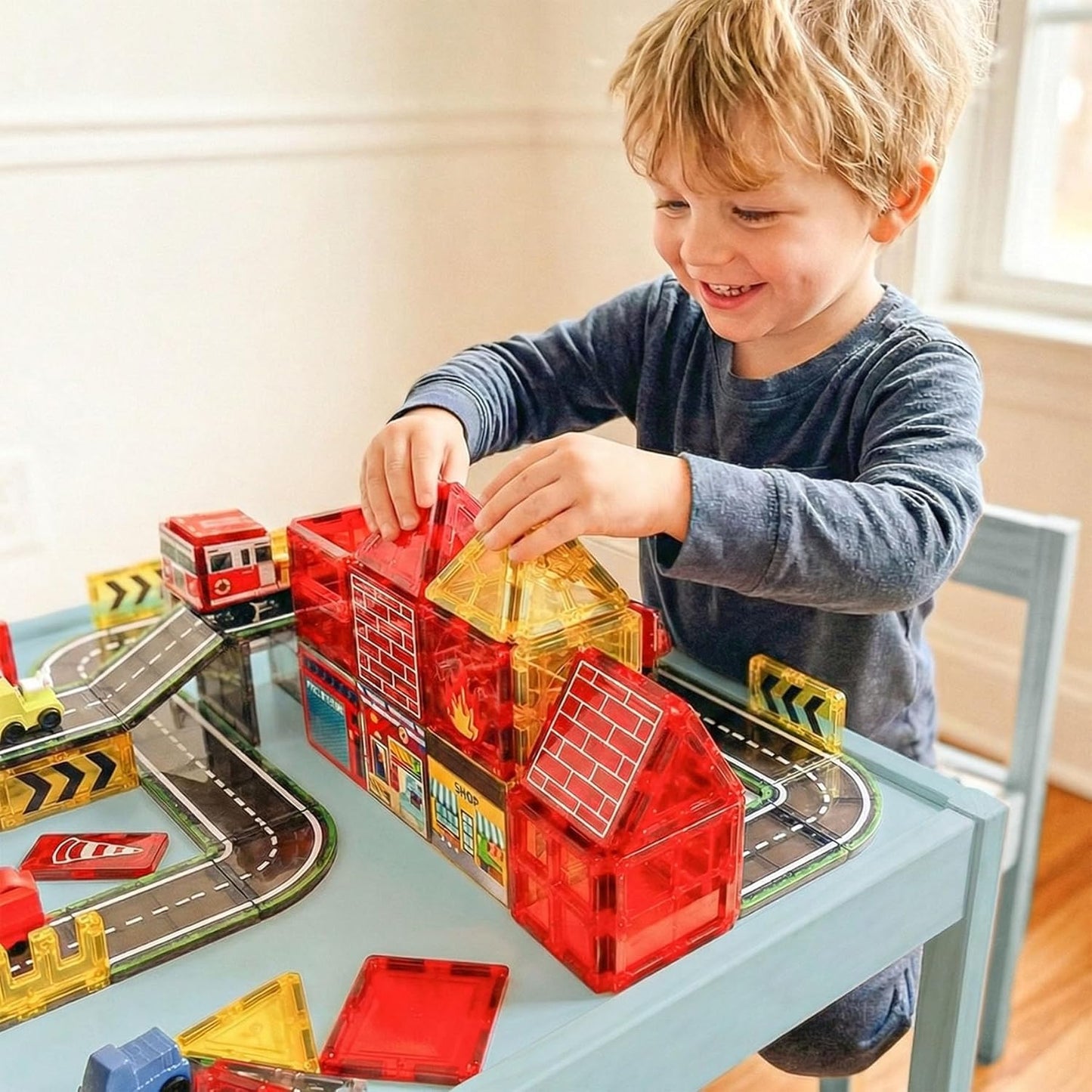 Magnetic Tiles for Kids Ages 4-8, Magnetic Blocks with Construction, Fire Fighting, Road, Engineering, Crane and Truck Themes, Magnet Toys Classroom Travel STEM Birthday Gifts for Boys