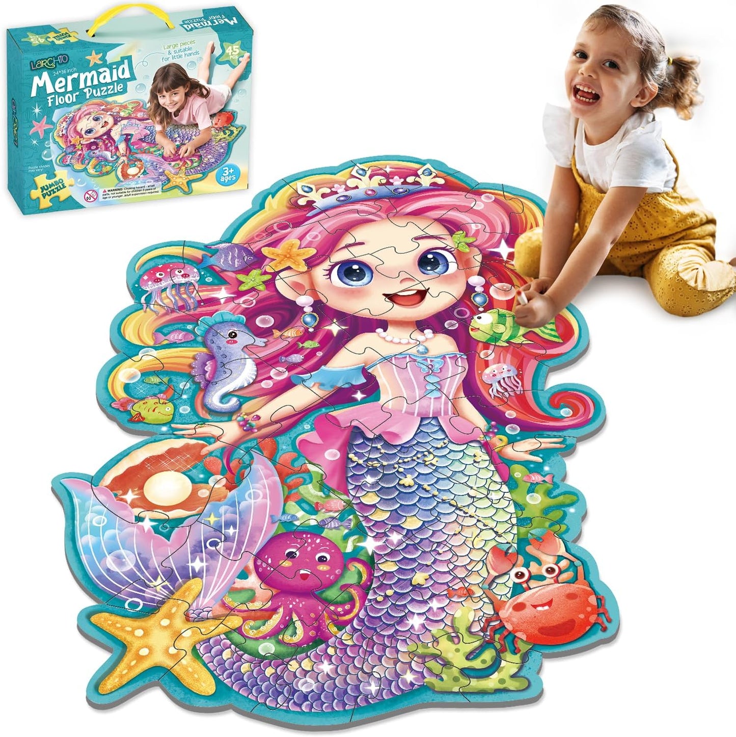 Mermaid Gifts for Girls, 45PCS Jumbo Memarid Floor Puzzle for Kids Age 3-5 Toddler Floor Puzzle Educational Learing Toys for Kids