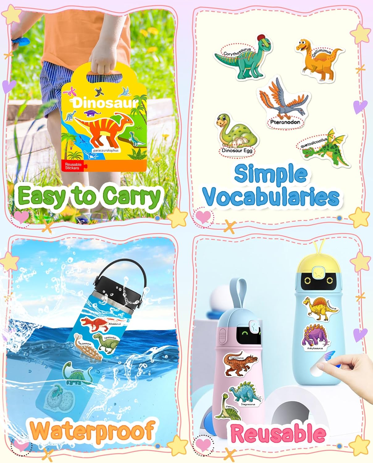 Benresive Reusable Sticker Book for Toddlers, Stickers for Kids, Travel Toys for Arts & Crafts Activities, Birthday Gift for Boys & Girls, Animals Dinosaurs Insects Themes