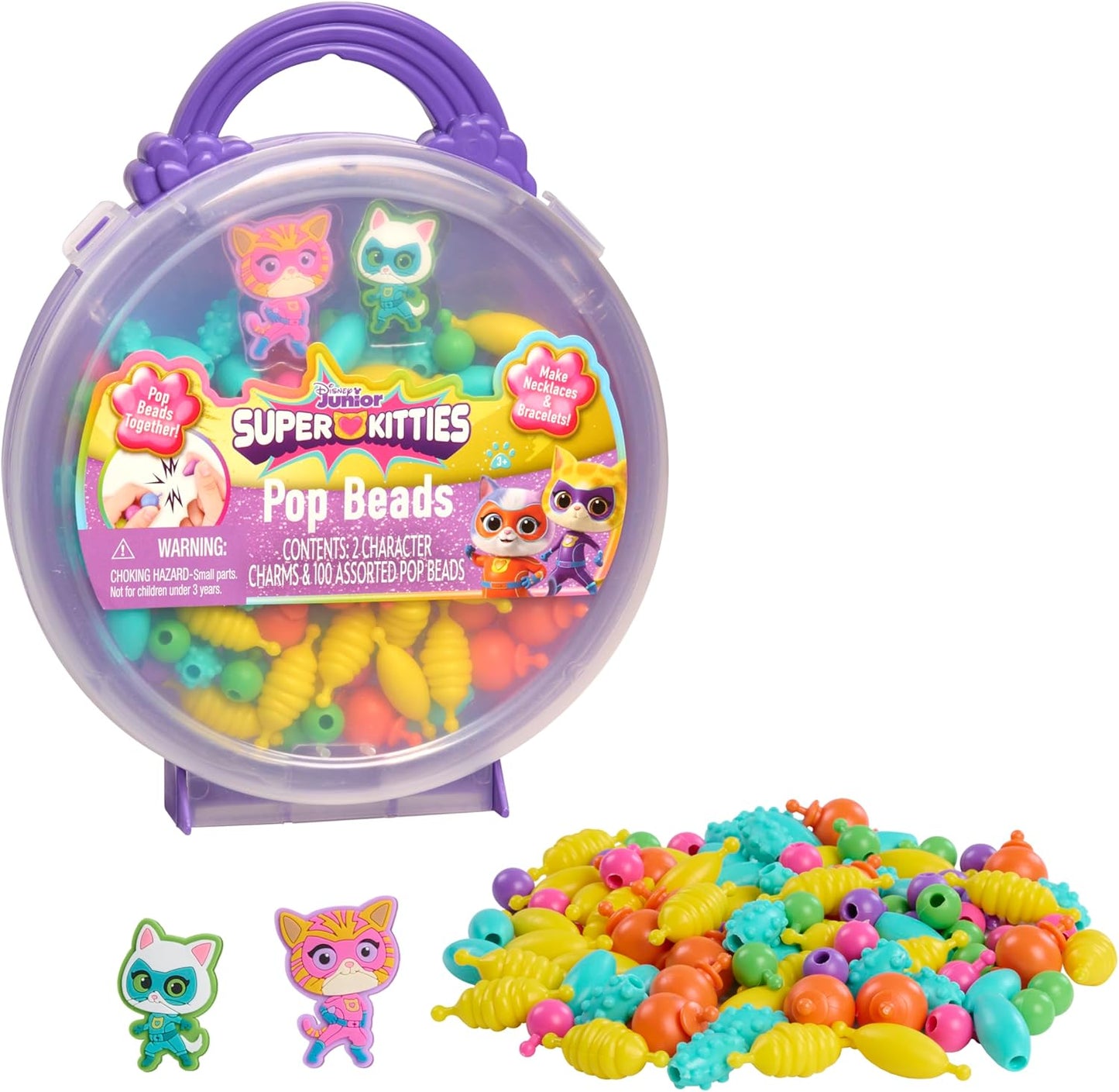 Disney Junior SuperKitties Pop Beads Jewelry Kit – 100 Pop Beads & 2 Character Charms, Easy Snap-On Necklace & Bracelet Craft Set for Kids Ages 3+
