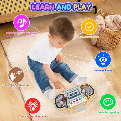 Ansee Busy Board Montessori Toys for Toddlers, Wooden Sensory Toys with LED Light, Switches, Music, Labyrinth, Adjust Volume, 2 DIY Stickers, Learning Travel Toys