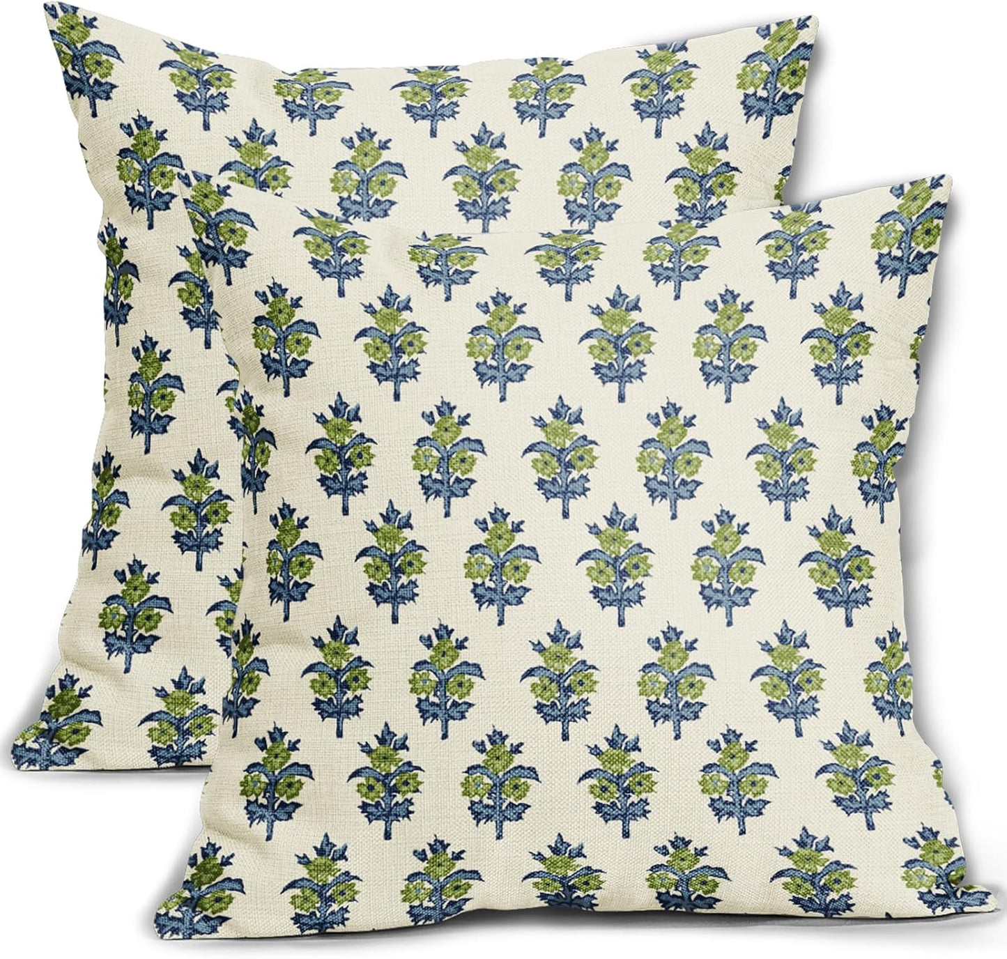 Sage Green Blue Floral Block Print Pillow Covers 18x18 Set of 2 Spring Flower Pattern Decorative Throw Pillowcases Outdoor Rustic Farmhouse Square Cushion Cases Decor for Home Couch Sofa Bed