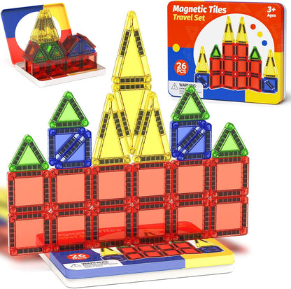 Magnetic Tiles Travel Toys with Storage Case, Portable STEM Building Blocks for 3-8 Year Olds, Toddler Airplane Activities & On-The-Go Birthday Gift for Boys & Girls