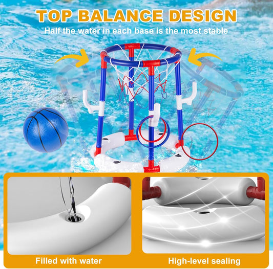 Taotuo Red Floating Pool Basketball Hoop, 2-in-1 Basketball & Ring Toss Game with 4 Balls, 6 Rings&Pump, Summer Pool Toys Outdoor Water Fun Family Party for Age 3-12