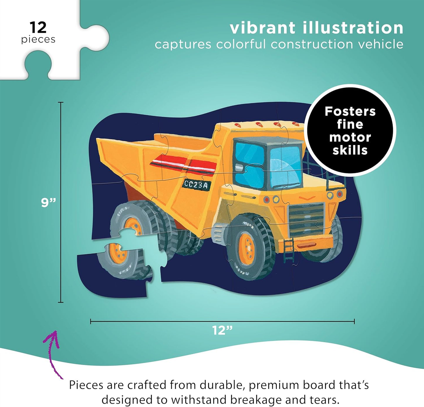 Crocodile Creek 12-Piece Mini Jigsaw Puzzle - Fun Floor Puzzles for Kids Ages 2-4 and Up - Heavy-Duty Shaped Box for Storage - Fire Truck - 12" x 9" Finished