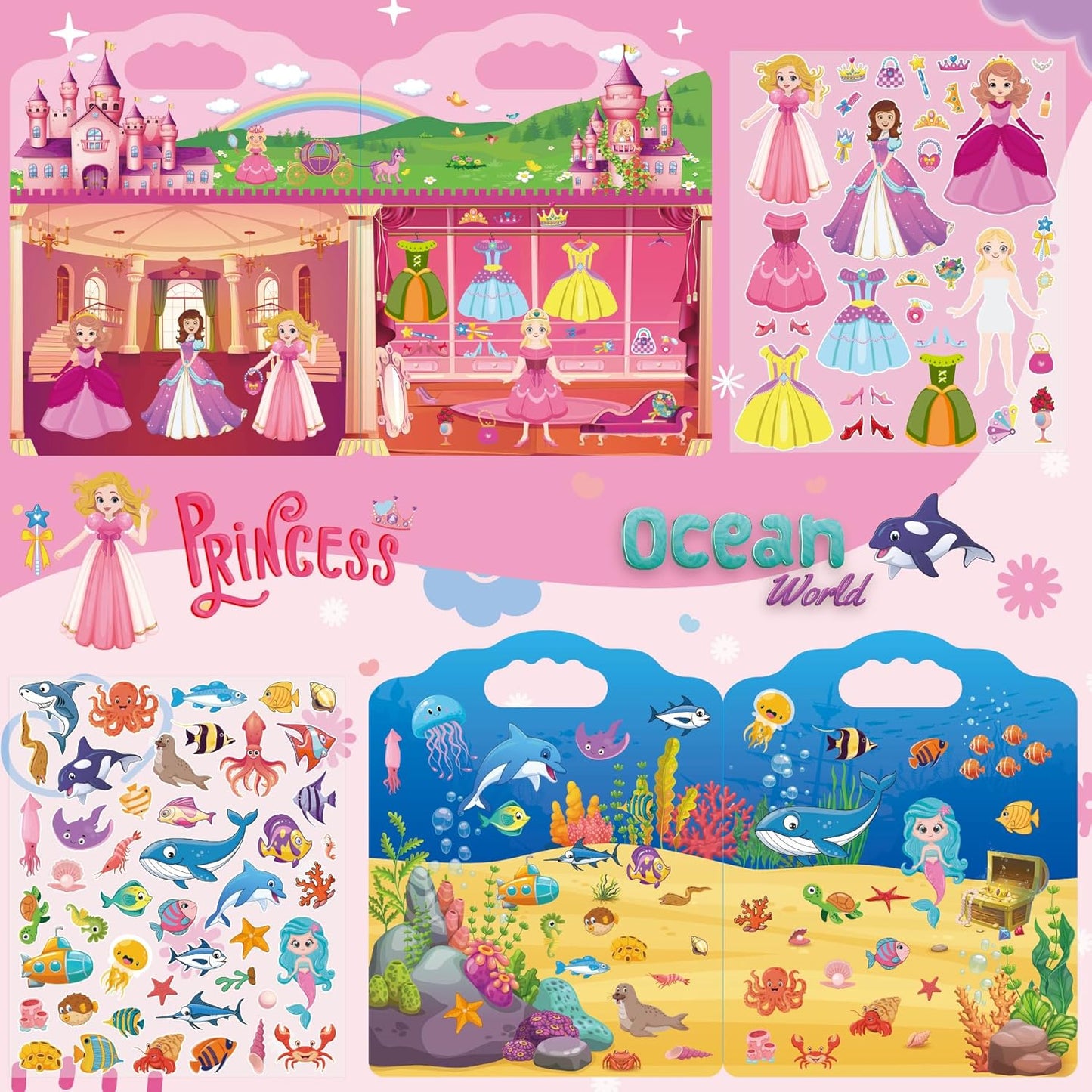 2 Set Reusable Sticker Books for Toddlers 2-4 Years, Puffy Reusable Sticker Activity Book for Kids Toddlers 1-3 Girls Boys Birthday Gifts Include Vehicles&Dinosaur