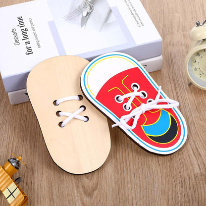 ElevateTech 2Pcs Wooden Lacing Shoe Shoe Lace Practice Board Threading Lacing Shoes Training Board Tying Practice Learning Educational Fine Motor Skills (Red White)