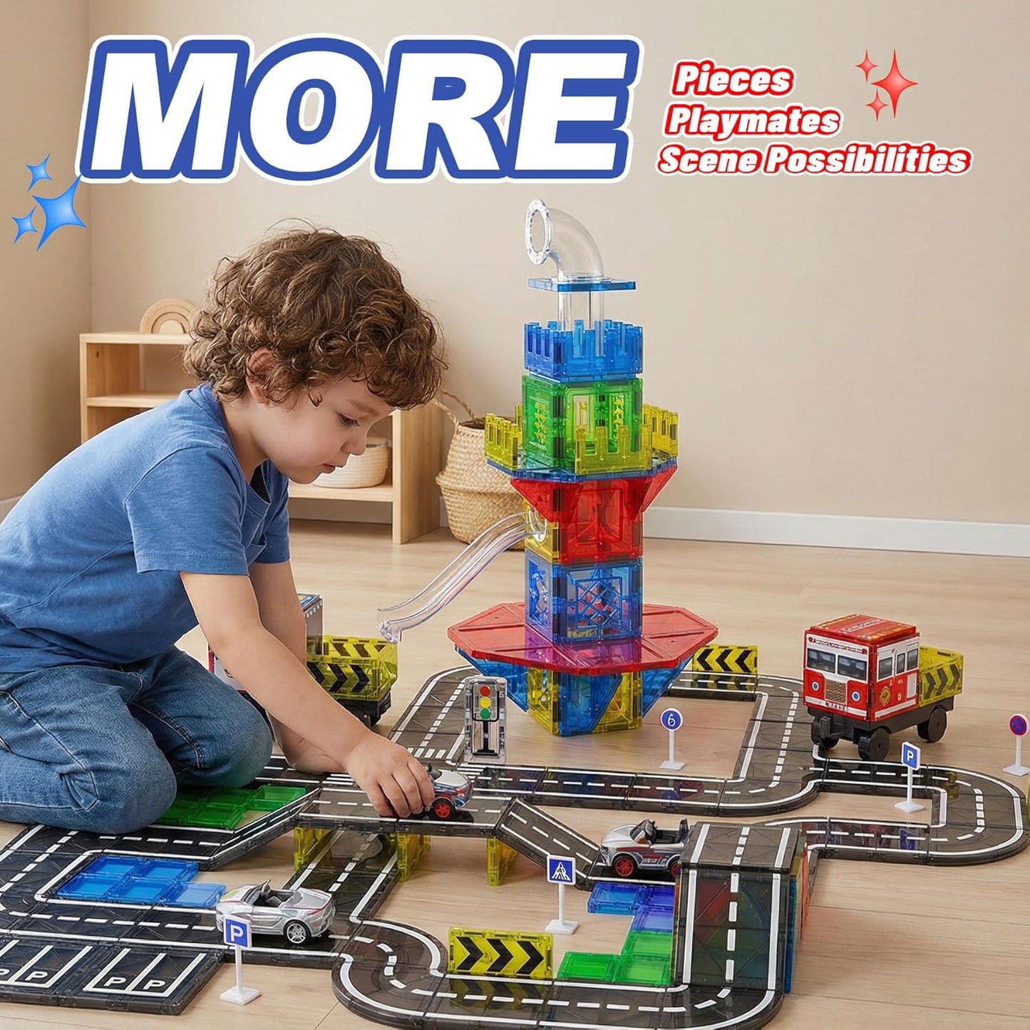 150PCS Magnetic Tiles Road Set with Marble Run, Preschool Magnet Tiles Included Magnetic Cars. STEM Magnetic Tiles for Kids, Preschool Educational Building Toys for Boys & Girls