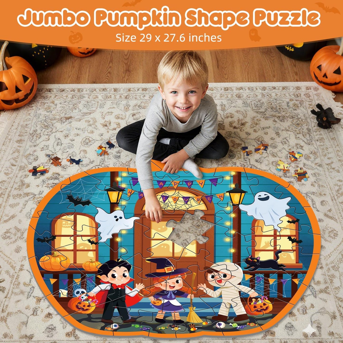 45 Pcs Halloween Floor Puzzle for Kids Age 4-8, Jumbo Pumpkin Jigsaw Puzzles Halloween Boo Basket Gifts Stuffers for Kids Girls Boys