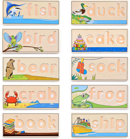 Atoylink Wooden Spell Learning Toys for 2 3 4 5 Year Old Kids Match Letter Spelling Game Board & Letters & Box, CVC Word Builder Toddler Educational Toy Kindergarten Preschool Learning Activities
