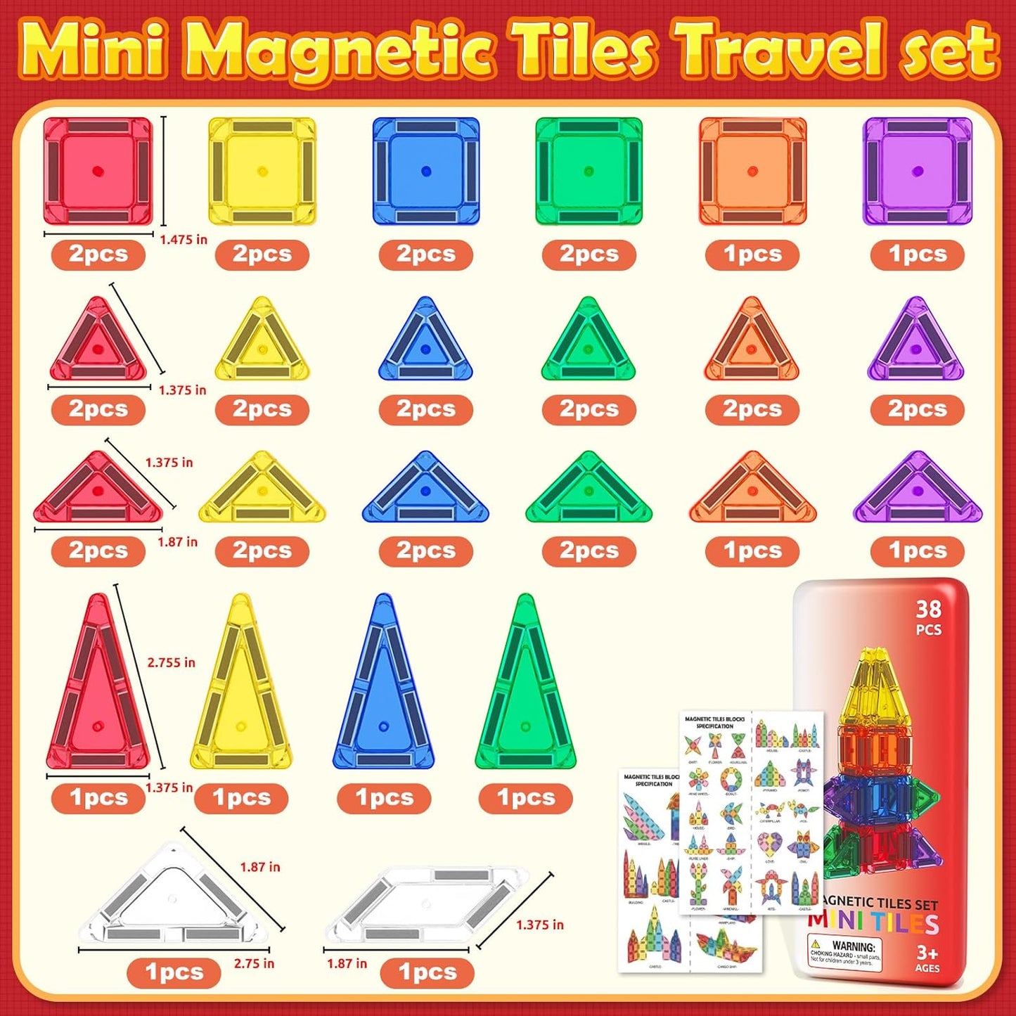 Magnetic Tiles Mini Travel Toddler Set, Magnetic Blocks Building Kids Toys & Games, Montessori Preschool Classroom Must Haves Educational Learning Sensory Toys for 3+ Year Old Boys Girls Birthday Gift