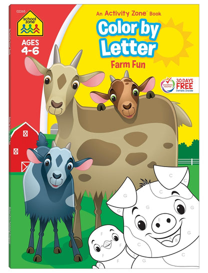 School Zone Color by Letter Farm Fun Workbook: 64 Pages, Preschool, Kindergarten, 1st Grade, ABC's, Alphabet, Color Skills, Coloring, Matching, Farm Animals, Ages 4-6 (Activity Zone Book Series)