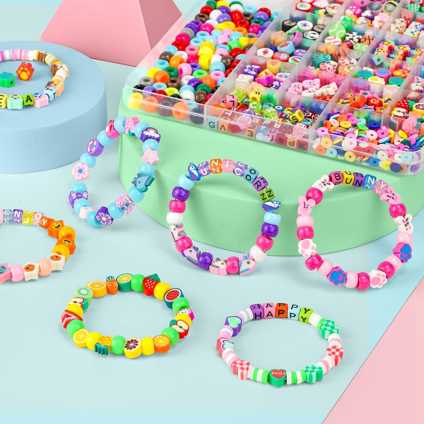 Gionlion 1200 Pcs Polymer Clay Beads Bracelet Making Kit, 25 Style Animal Fruit Flower Butterfly Bunny Pony Letter Beads Charms for Jewelry Making, DIY Art and Crafts Toys Gifts