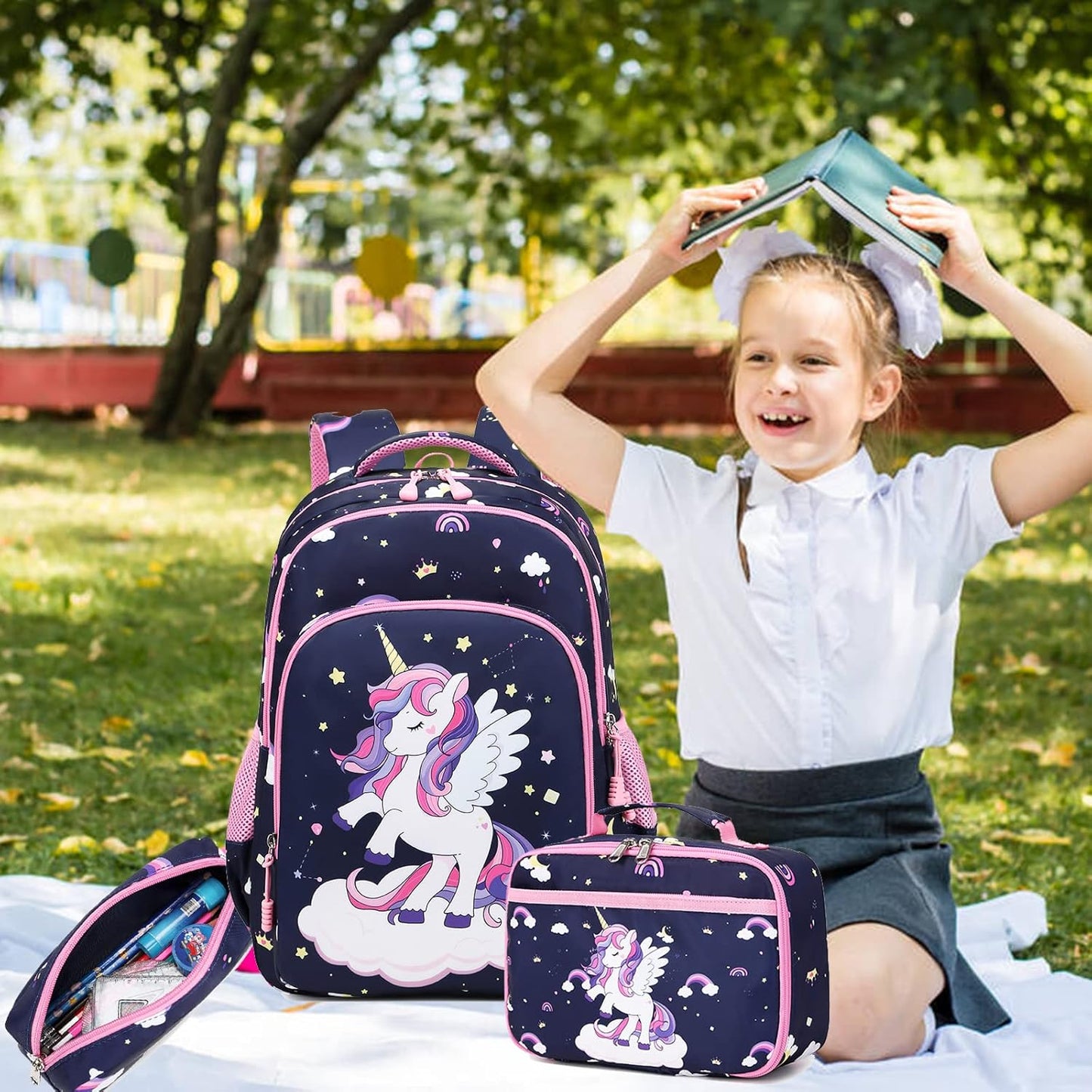 Girls Backpack for Elementary Unicorn Backpack Kids Backpack School Bookbag for Girls 3 in 1 Set Back to School