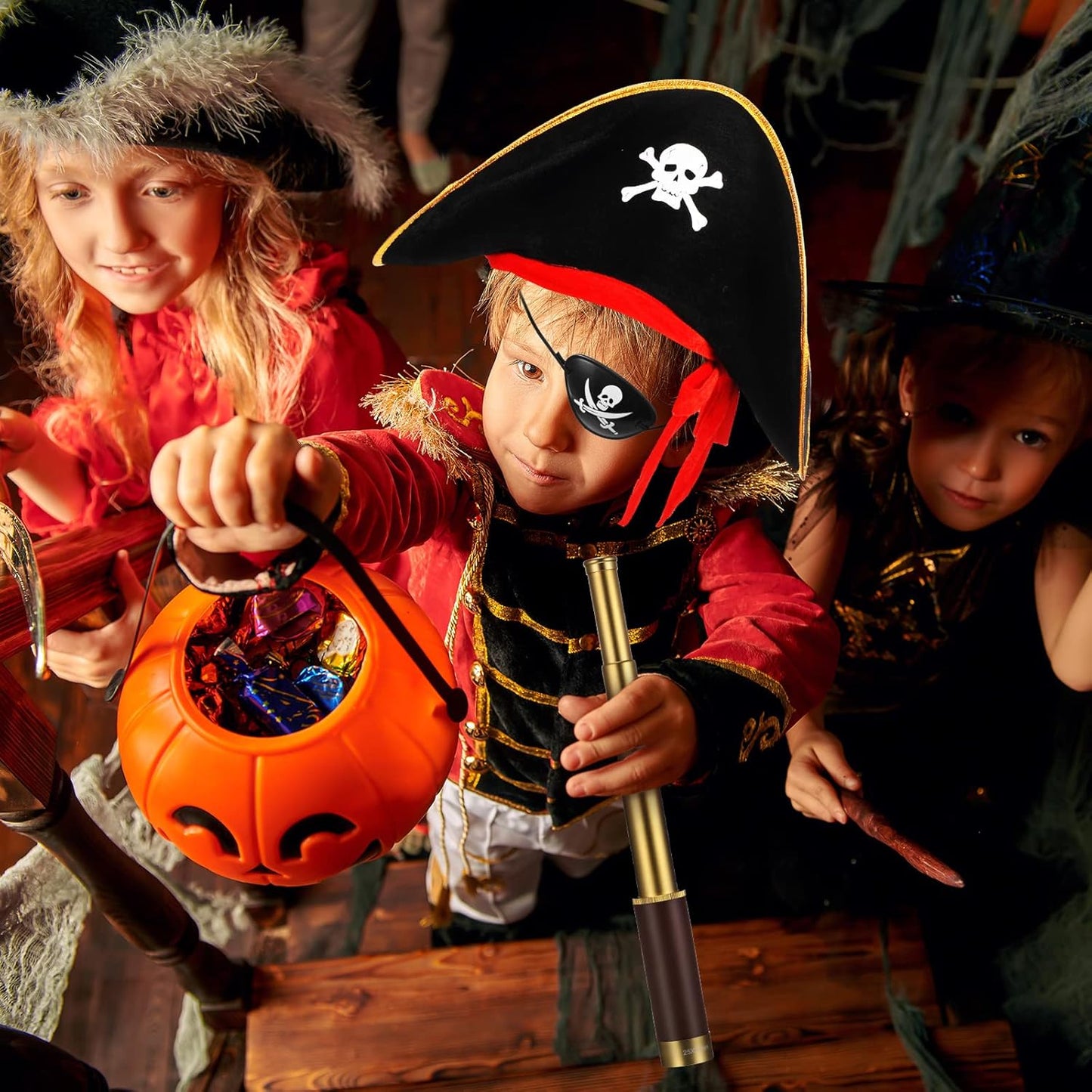 Pirate Monocular Telescope Treasure Map Pocket Compass Pirate Hat Skull Print Captain Costume, 5 Pcs Party Favors Costume Spyglass Kid Compass for Cosplay(Small)