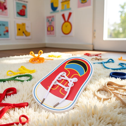 BWESOO Red Wooden Learn to Tie Your Own Shoes Threading Lacing Shoes Training Learning Kits Threading Lacing Training Board Learn To Tie Shoelaces
