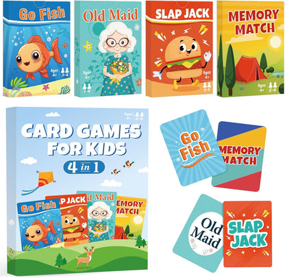 Etyishe Card Games for Kids Toddlers, Go Fish, Old Maid, Slap Jack and Memory Match, 4 Decks in 1 Pack, Fun Educational Gard Games for Family Game Night Table Games, Great Stocking Stuffers