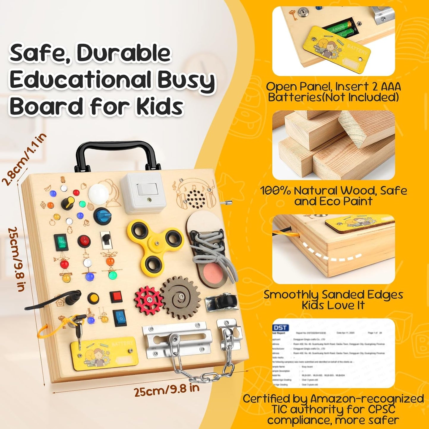 Wooden Busy Board with LED Light，Montessori Baby Learning Toys for Toddlers , Sensory Activity Board , Travel Educational Toy Boy & Girl Birthday Gift (Black Handle)
