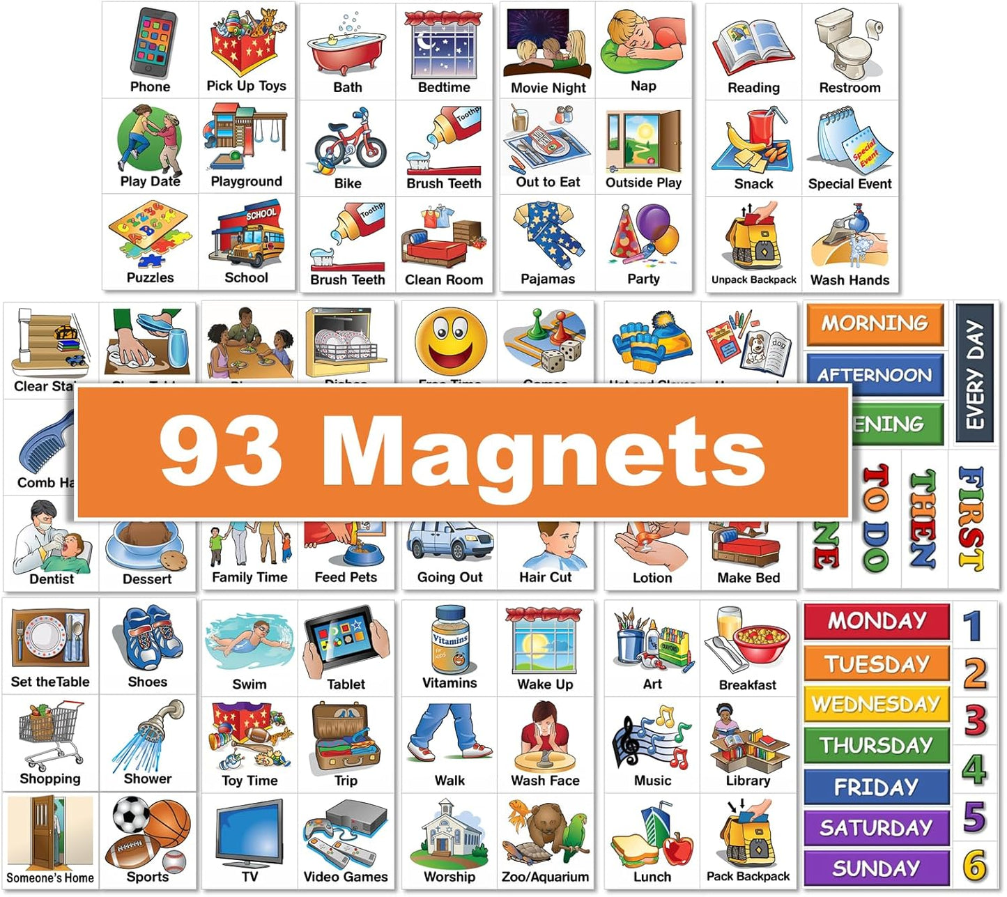 Kids Visual Schedule Magnets and Headings: SchKIDules 93Pc Home Collection for Daily Routines, Chores, Executive Functioning, Behavioral Supports, Communication-Good for Toddlers, ADHD, Autism