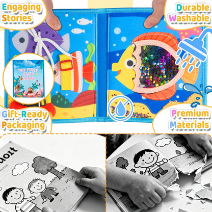 DEGIDEGI Montessori Busy Book for Toddlers, Educational Sensory Activity Book with Life Skills Training, Quiet Travel Toy for Car and Airplane, Christmas Birthday Gift (Deep Blue)