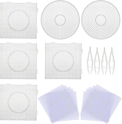 5 mm 6 Pack Fuse Beads Boards Allazone Large Round Square Clear Plastic Pegboards with 4 PCS White Beads Tweezers, 10 PCS Ironing Paper for Kids Craft Supplies