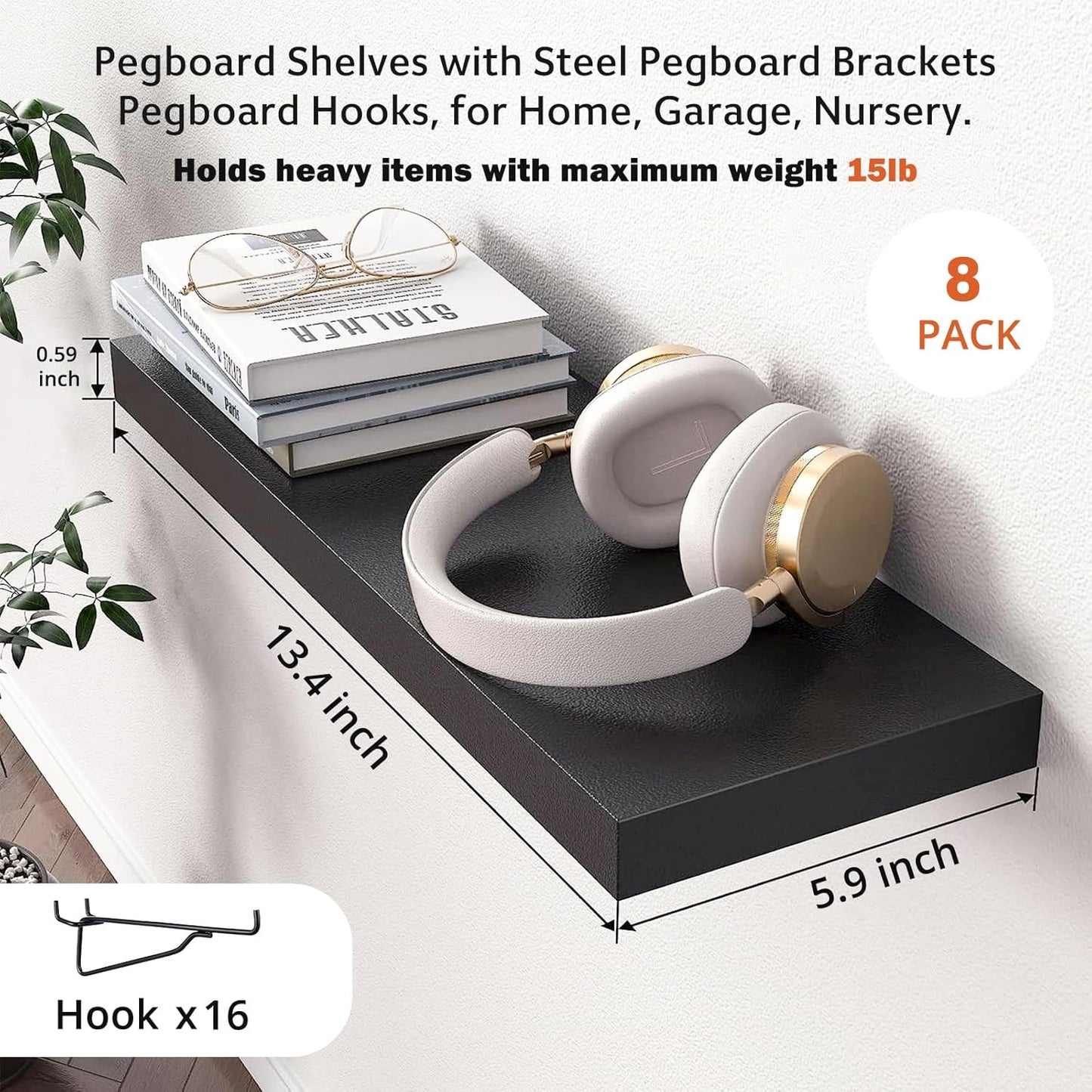 Pegboard Shelf Set - 6 Heavy Duty Peg Board Shelves & Steel Brackets, Organizer for Storage, Garage, Workbench, Craft, Office