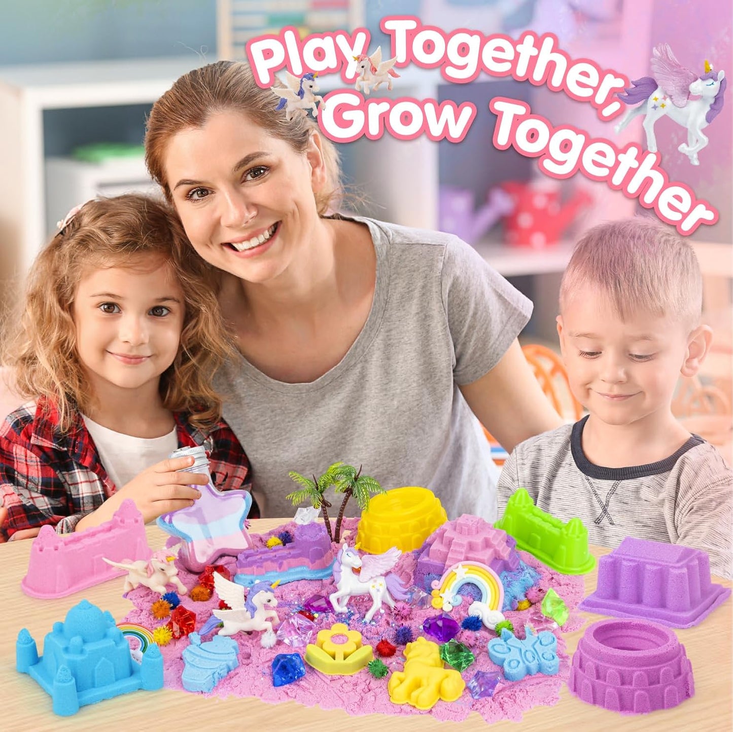 snookids 162Pcs Sensory Bin Magic Sand with Natural Beeswax 690g, Play Sands, Sensory Toys 24 Molds, 3 Unicorns, Sandbox with Lid, Educational Toys and Christmas Gifts for Children 3+