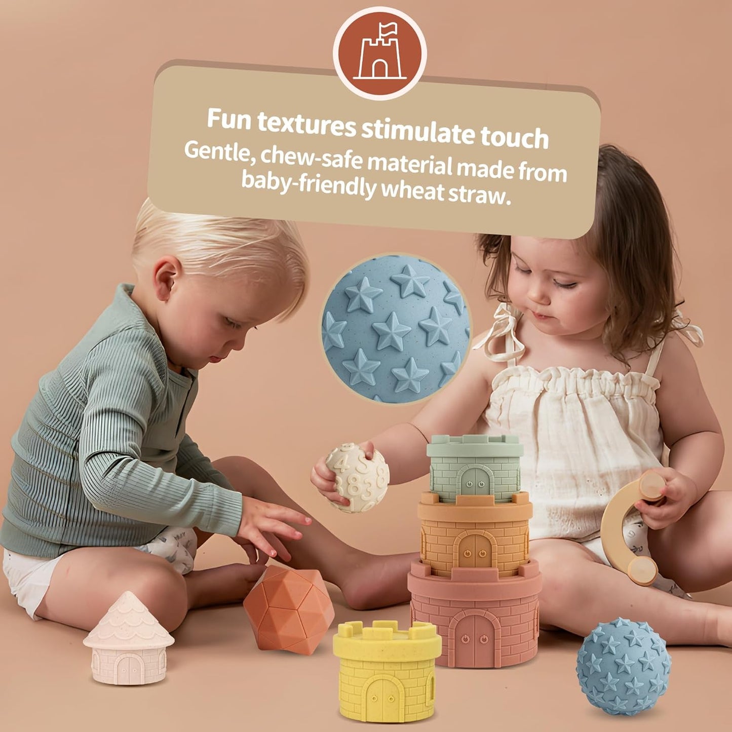 Montessori Sensory Toys Bundle: 8PCS Stacking Cups & Castle Nesting Blocks + Hand-Catching Sensory Balls & Baby Rattle, Textured Teether & Bath Toys for Babies 3–6M & Toddlers 1–3