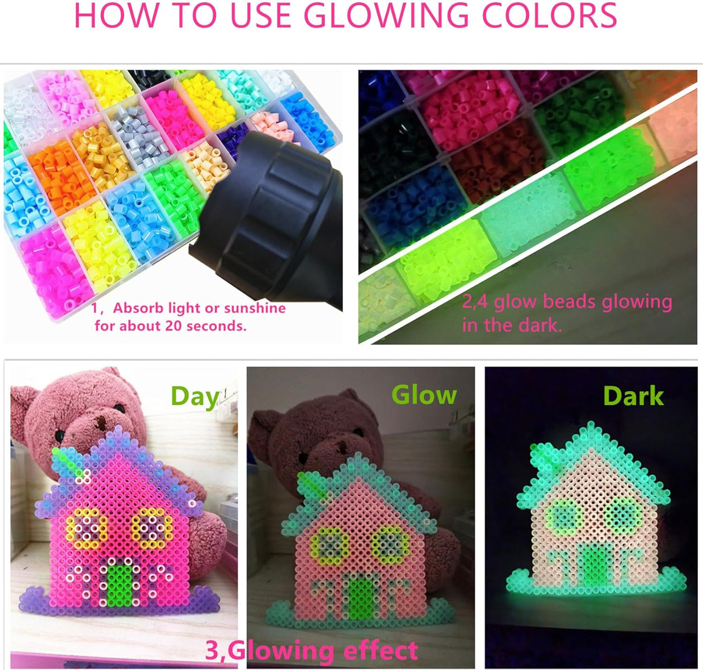 Vytung Fuse Beads Kit-4500pcs 24Colors(4 Glow in Dark) 3Pegboards 75 Patterns(15 Full Size) Perler Beads Compatible Kit