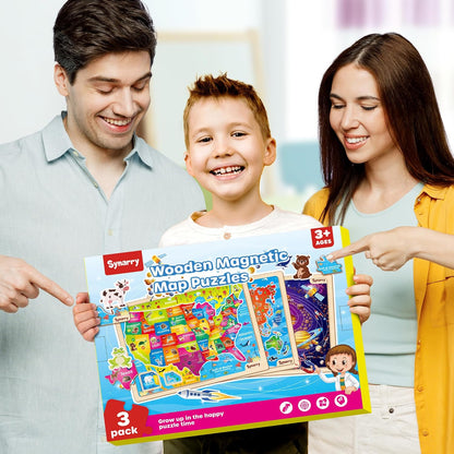 SYNARRY Large USA World Wooden Puzzles for Kids Ages 4-6, Learning United States World Maps Puzles for Kids Ages 6-8, Wood Jigsaw Puzzles Educational Games Toys Gifts for Boys Girls Ages 3-8