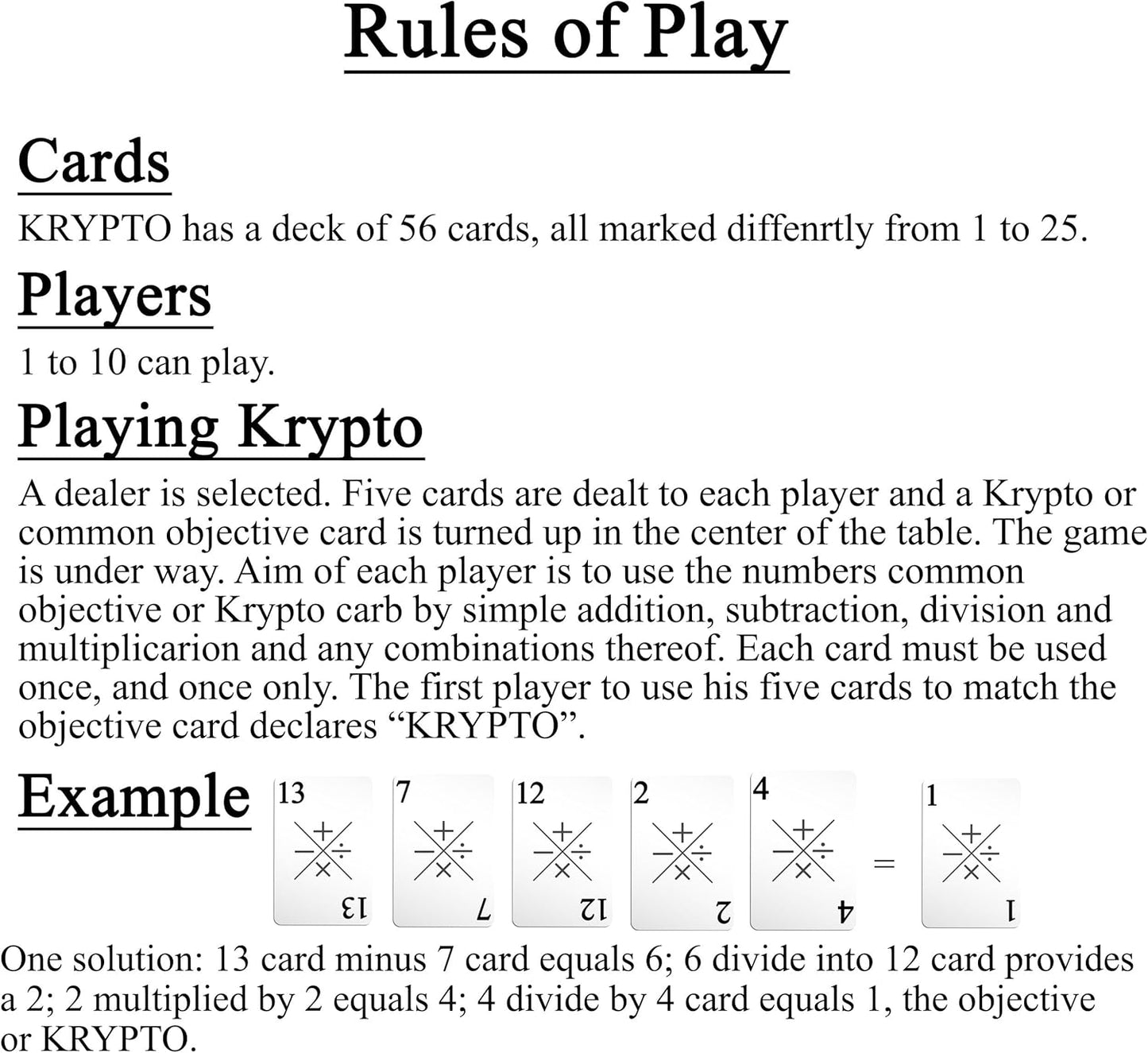 Krypto Original Arithmetic Game - Card Game of Multiplication Division, Addition, Subtraction