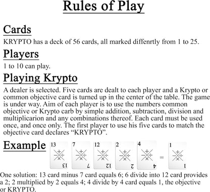 Krypto Original Arithmetic Game - Card Game of Multiplication Division, Addition, Subtraction