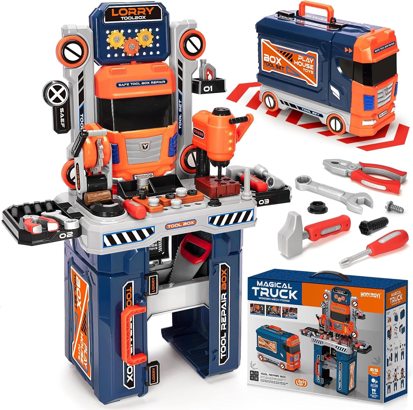 Kids Tool Bench with Electric Drill and Chair, Christmas Birthday Gift for Boys Girls Age 3,4,5+ Fun Play Kids Workbench, Transformable Toddler Tool Box Set, Construction Tool Toys for Toddler 3-5