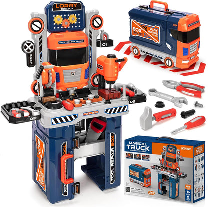 Kids Tool Bench with Electric Drill and Chair, Christmas Birthday Gift for Boys Girls Age 3,4,5+ Fun Play Kids Workbench, Transformable Toddler Tool Box Set, Construction Tool Toys for Toddler 3-5