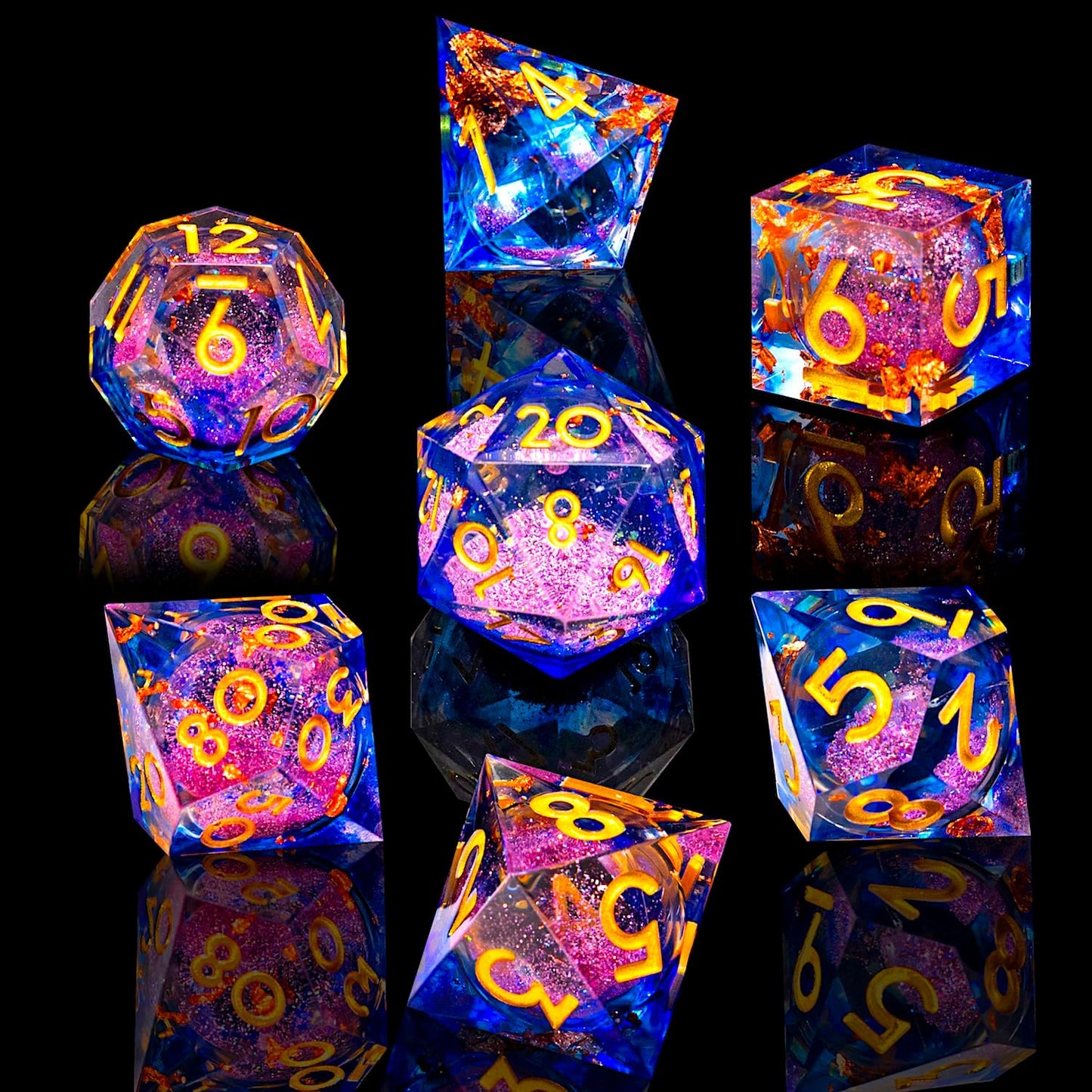 Liquid Core DND Dice Set, 7pcs Sharp Edge Dice for Role Playing Dungeons and Dragons Ttrpg with Gift Box, Handmade Resin D&D Dice RPG Role Playing Games Dice Set(Blue Gold)