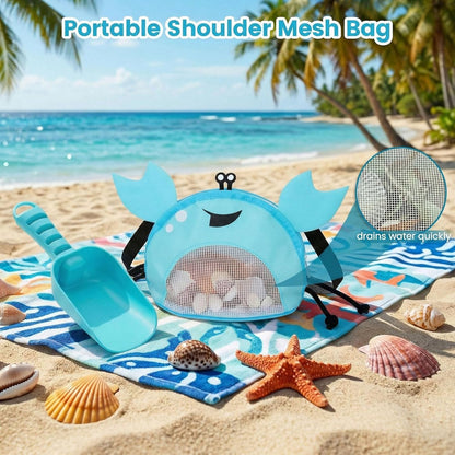 AMOR PRESENT Mesh Baby Beach Bag, Shell Collecting Bag with Shovel Crab-Shaped Adjustable Strap for Holding Shell Sea Pool Sand Toy, Blue