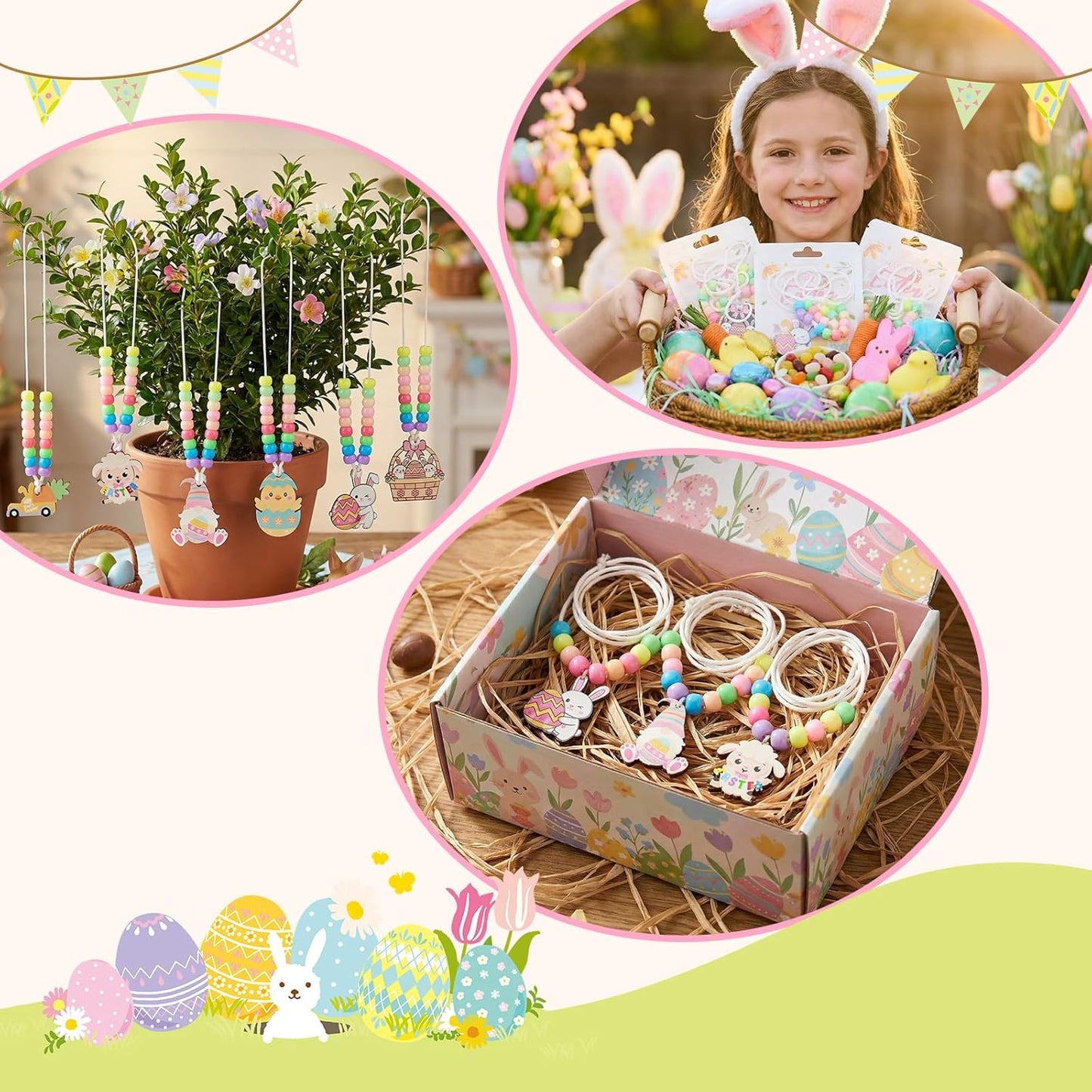 Bafeil 24 Set Easter Crafts Bead Necklace Making Kit for Kids - DIY Make Your Own Bunny Necklace for Arts and Crafts Project, Classroom Activities Gifts, Party Favors & Easter Basket Stuffers