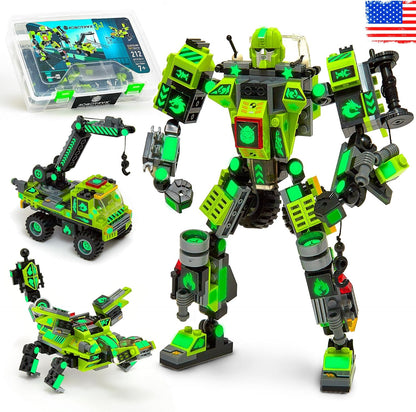 JITTERYGIT Robot Army Buildable Mech Soldier Glow in The Dark Gift Toy Set, Helicopter Military Creative STEM Project, Dinosaur Building Bricks Kit for Kids Ages 6-11 Years Old