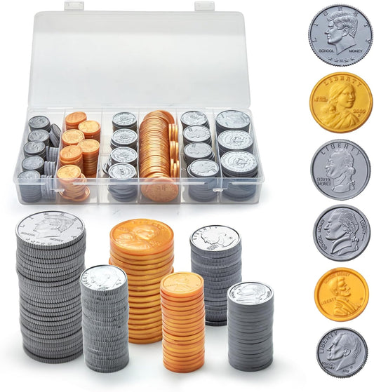 TOMMYHOME Fake US Coins Play Money 300 PCS Set – 6 Types of Coins,Realistic Prop Money for Kids,Toy Cash Register, Pretend Play Toys – Homeschool & Classroom Teaching Supplies(307)