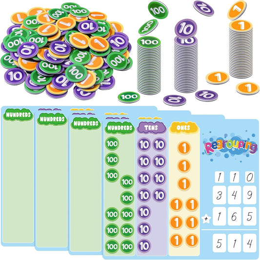 240 Pcs Magnetic Place Value Chart Kit, Math Place Value Manipulatives Regrouping Base Ten Blocks Dry Erase Board for 1st 2nd 3rd Grade Student Classroom Must Haves