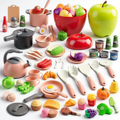 130Pcs Kitchen Playset, Toddler Pretend Cooking Play Pots, Pans, Utensils Cookware, Daily Food Fruit Veges, Shopping Storage Basket, Dessert, Prop Money, Learning Gift for Child (Pink)
