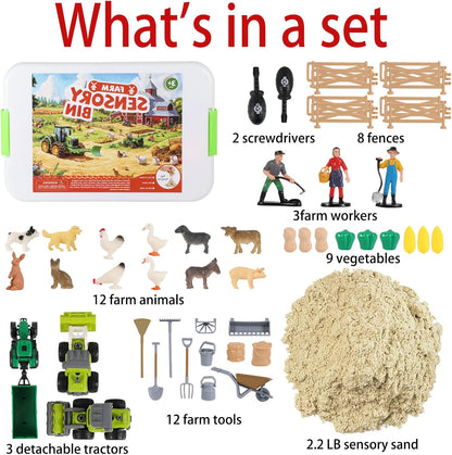51 PCS Farm Sensory Bin Kids Sandbox with Lid, 2.2 LB Sensory Sand, 40 Toddler Farm, 3 Take Apart Construction Trucks -Sensory for Kids 5-7, 3-4 & Up- Kids Gifts for Boys and Girls
