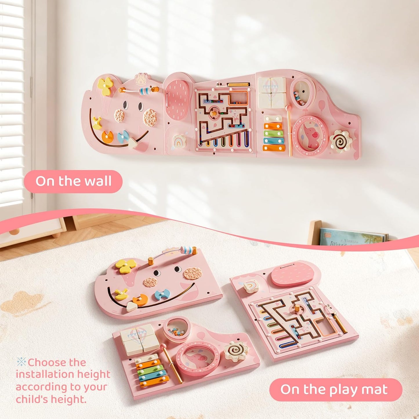 ROBUD Elephant Montessori Busy Board, 12-in-1 Activity Wall Busy Board, Montessori Sensory Wall Panel for Boys & Girls, Toddler Learning Activity Center for Playroom, Nursery, Pink