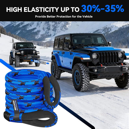Kinetic Recovery Rope, 1" x 30ft 48500LBS, Kinetic Rope Recovery Kit with 2 Soft Shackles, Heavy Duty Offroad Snatch Strap, 35% High Elasticity Tow Ropes for Trucks SUV UTV, Black & Green Mixed