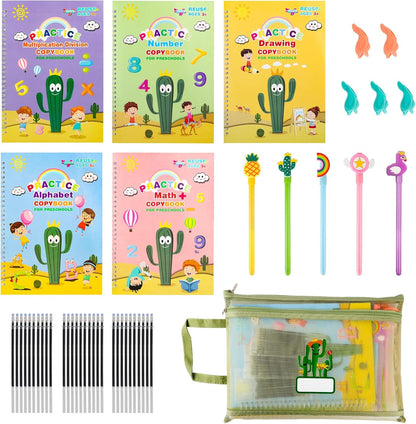 Large Reusable Grooved Handwriting Practice Workbooks for Kids Ages 3-8 – Magic Disappearing Ink & 3D Groove – Preschool Kindergarten Children Writing Books 5-Book Set with Pen Grips