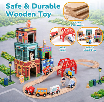 Wooden Train Set for Kids 3-7, Wood Train Tracks Complete Town Railway Playset with Matching Figures, Vehicles, Stacking and Nesting Blocks, Sorting & Stacking Toys Gifts for Boys Girls