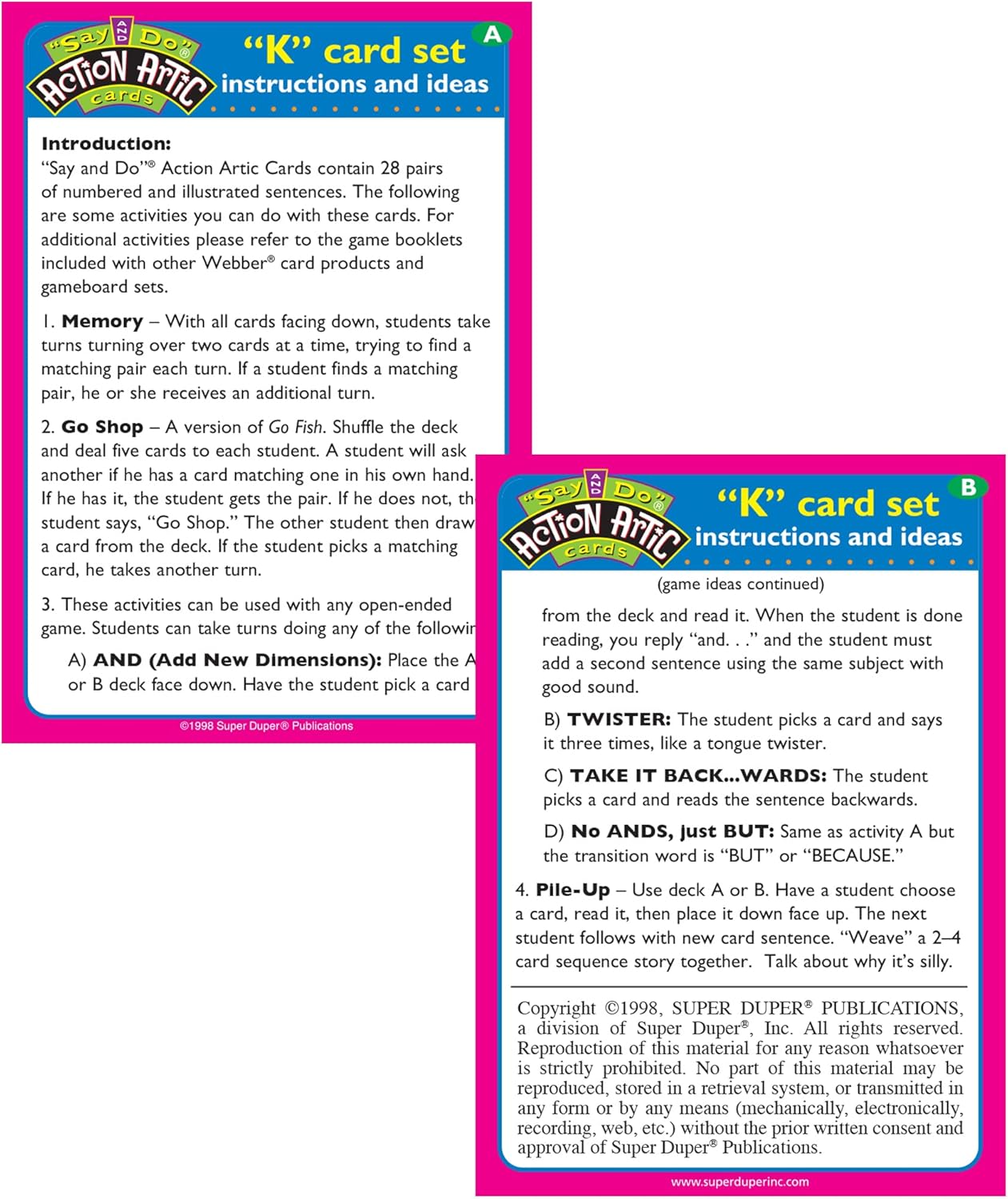 Super Duper Publications | Say and Do® Action Articulation K Sounds Fun Deck | Vocabulary and Language Development Flash Cards | Educational Learning Materials for Children