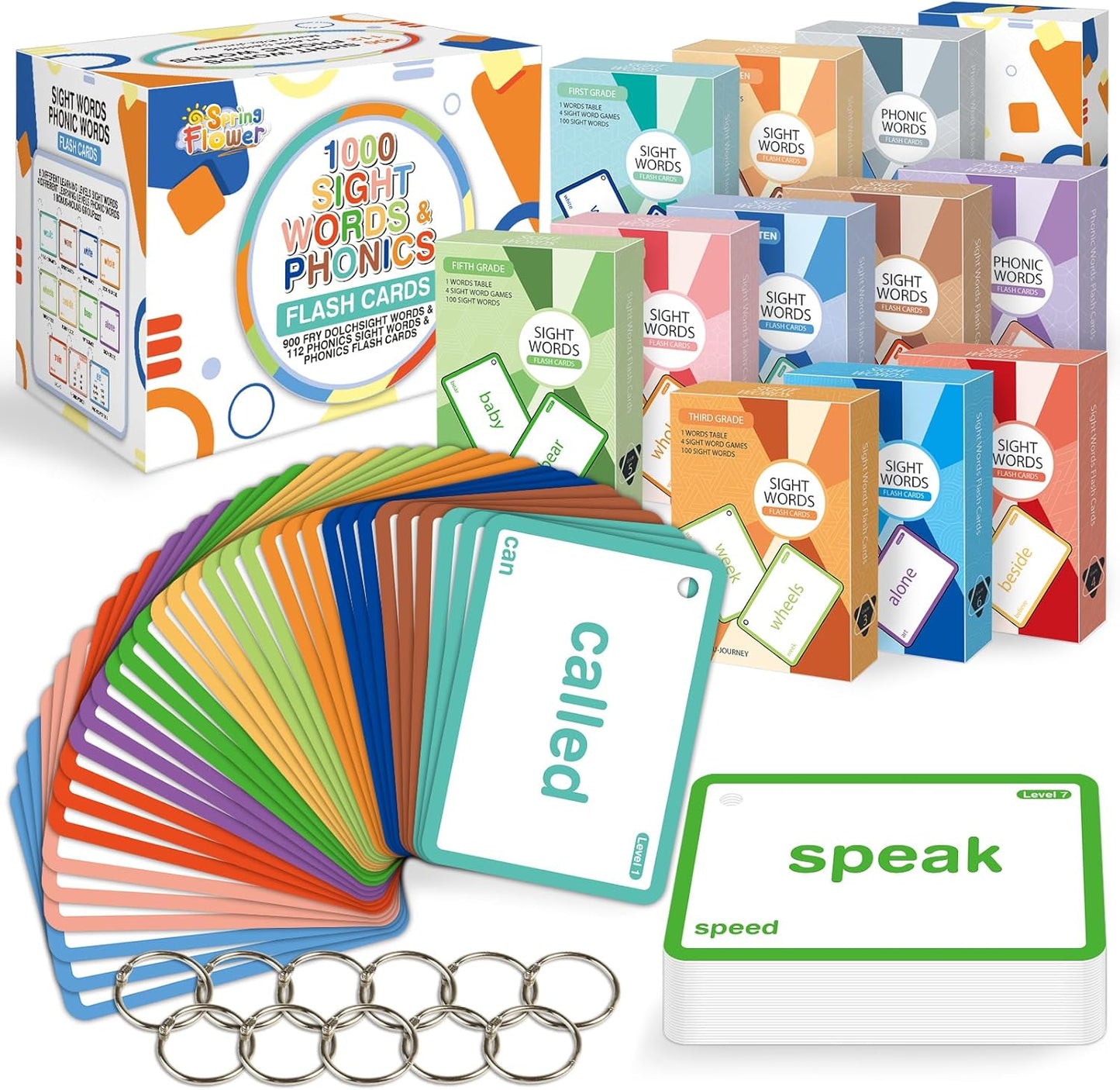 SpringFlower 712 Sight Words Flash Card,600 Dolch & Fry High Frequency Sight Word,112 Phonic Flash Cards for Kindergarten Homeschool Supplies Games for Kids Pre-K, Kindergarten, 1st, 2nd, 3rd Grade