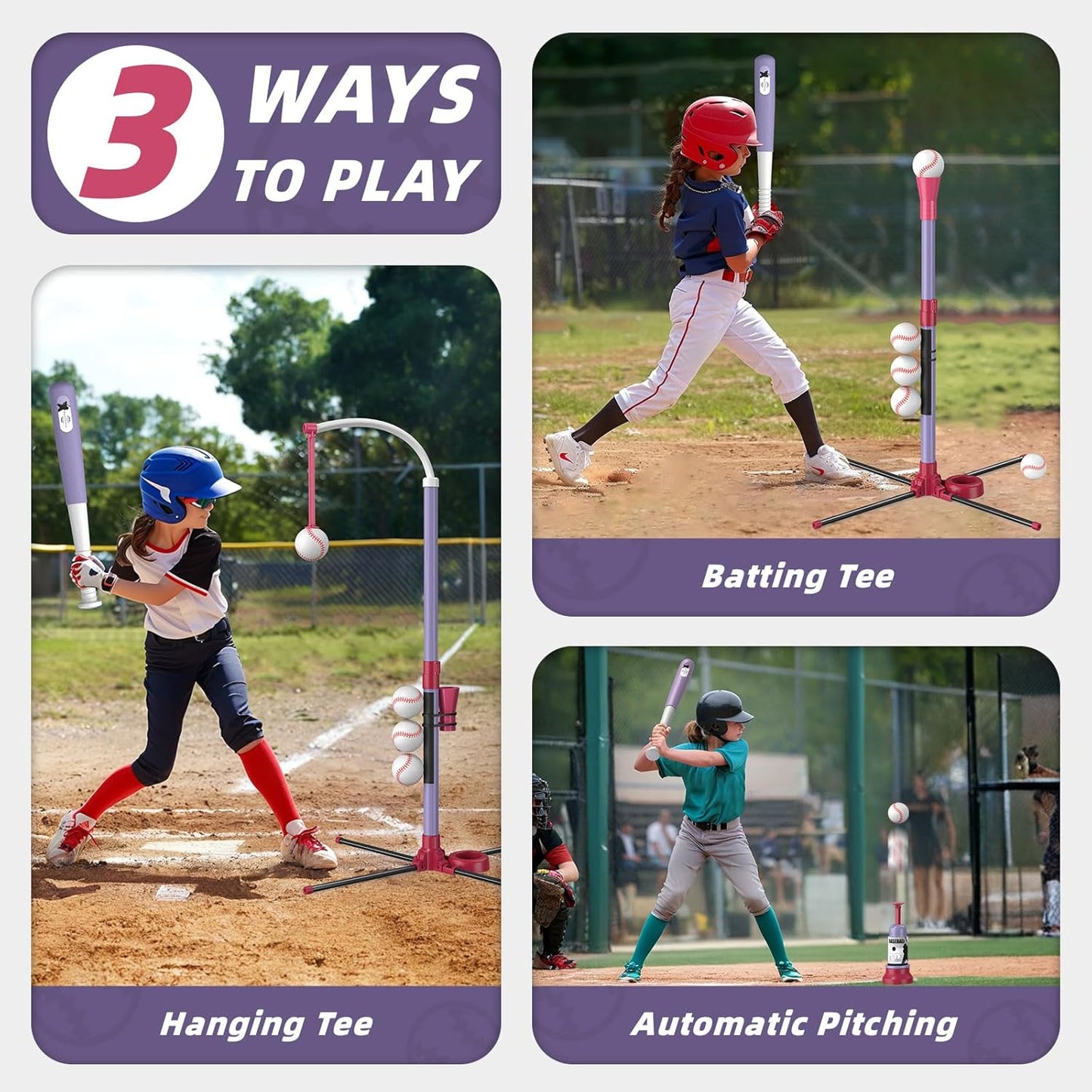 Wee Wonders 4 in 1 T-Ball Sets for Kids 3-5 with Toss and Catch Ball, Toddler Baseball with Auto Pitching Machine/6 Balls, Outdoor Sport Toys Gifts for Boys Girls