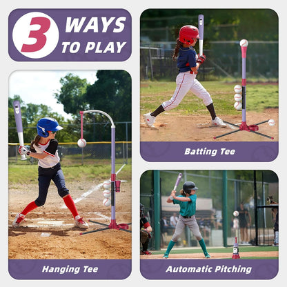 Wee Wonders 4 in 1 T-Ball Sets for Kids 3-5 with Toss and Catch Ball, Toddler Baseball with Auto Pitching Machine/6 Balls, Outdoor Sport Toys Gifts for Boys Girls